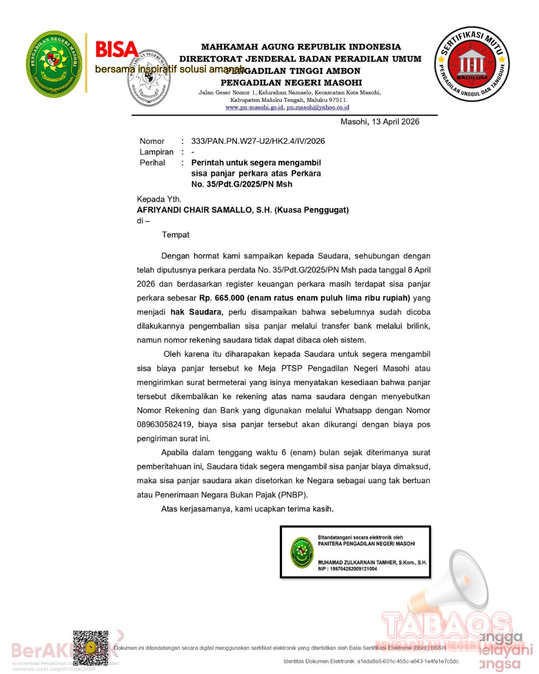 SISA PANJAR PERKARA NO 35.PDT.G.2025.PN MSH